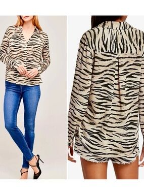 L'AGENCE Holly Tiger Print Button Down Shirt in Coconut Husk Sz Small🧡